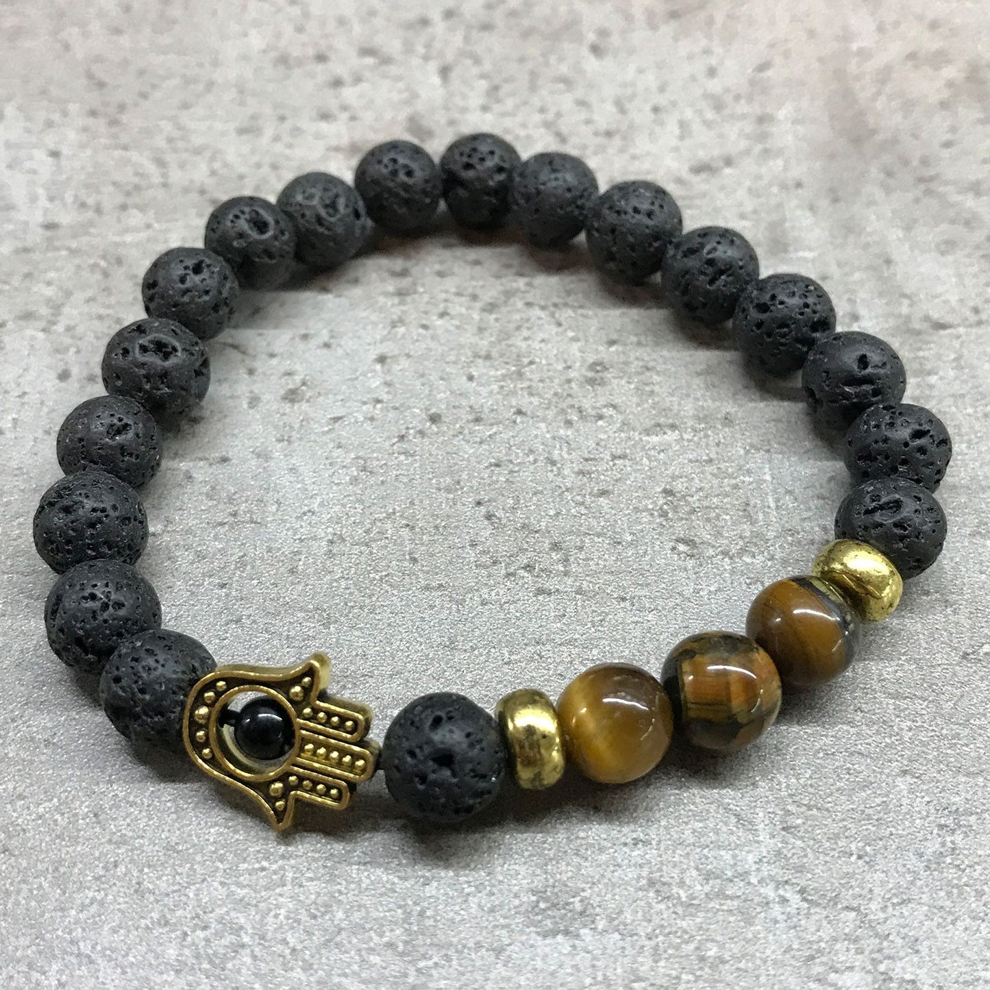 Lava Stone Bracelet - With Tigers Eye and Hamsa Design