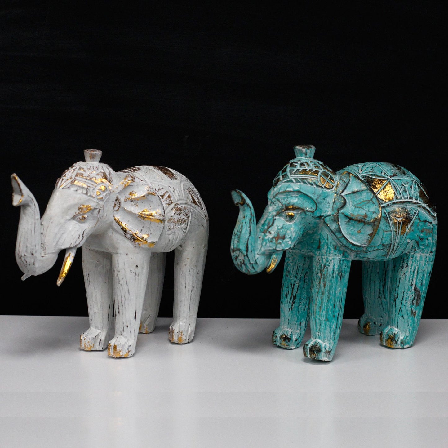 Wooden Elephant - Hand Carved - Turquoise Gold - 27cm