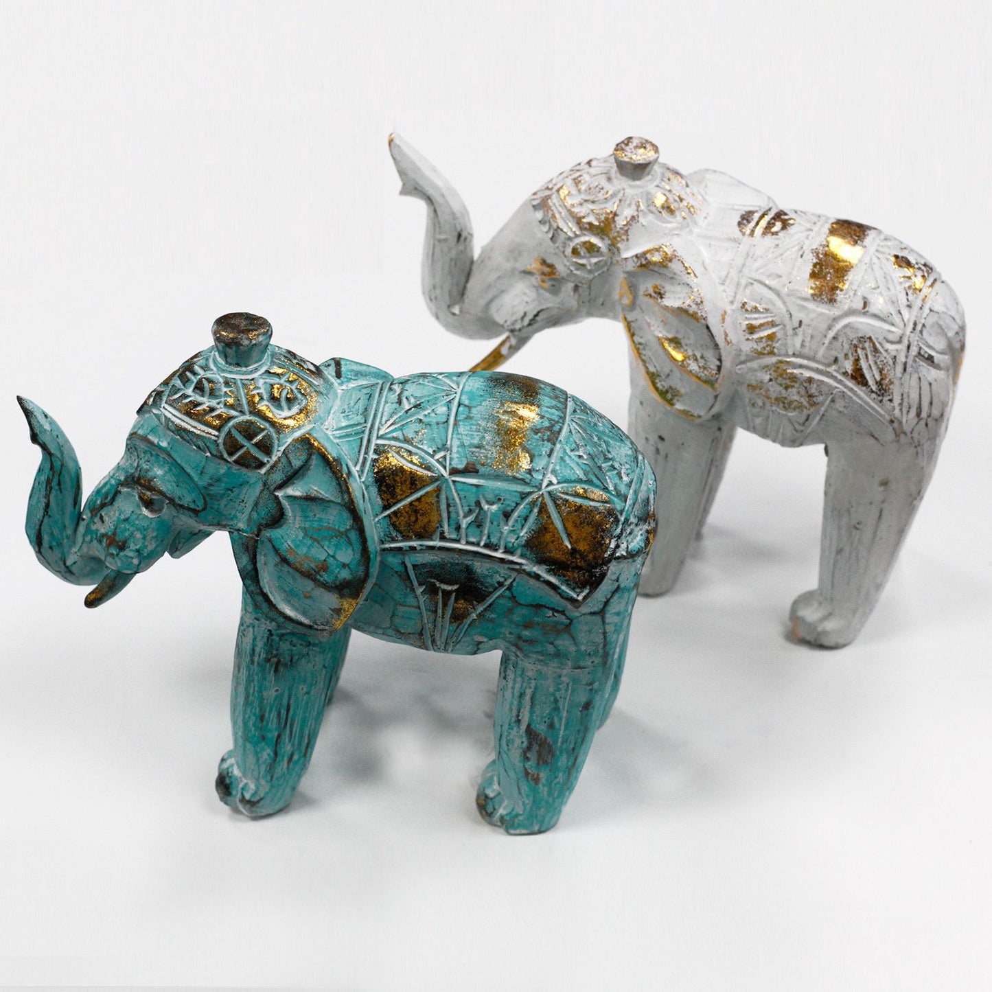 Wooden Elephant - Hand Carved - Turquoise Gold - 27cm