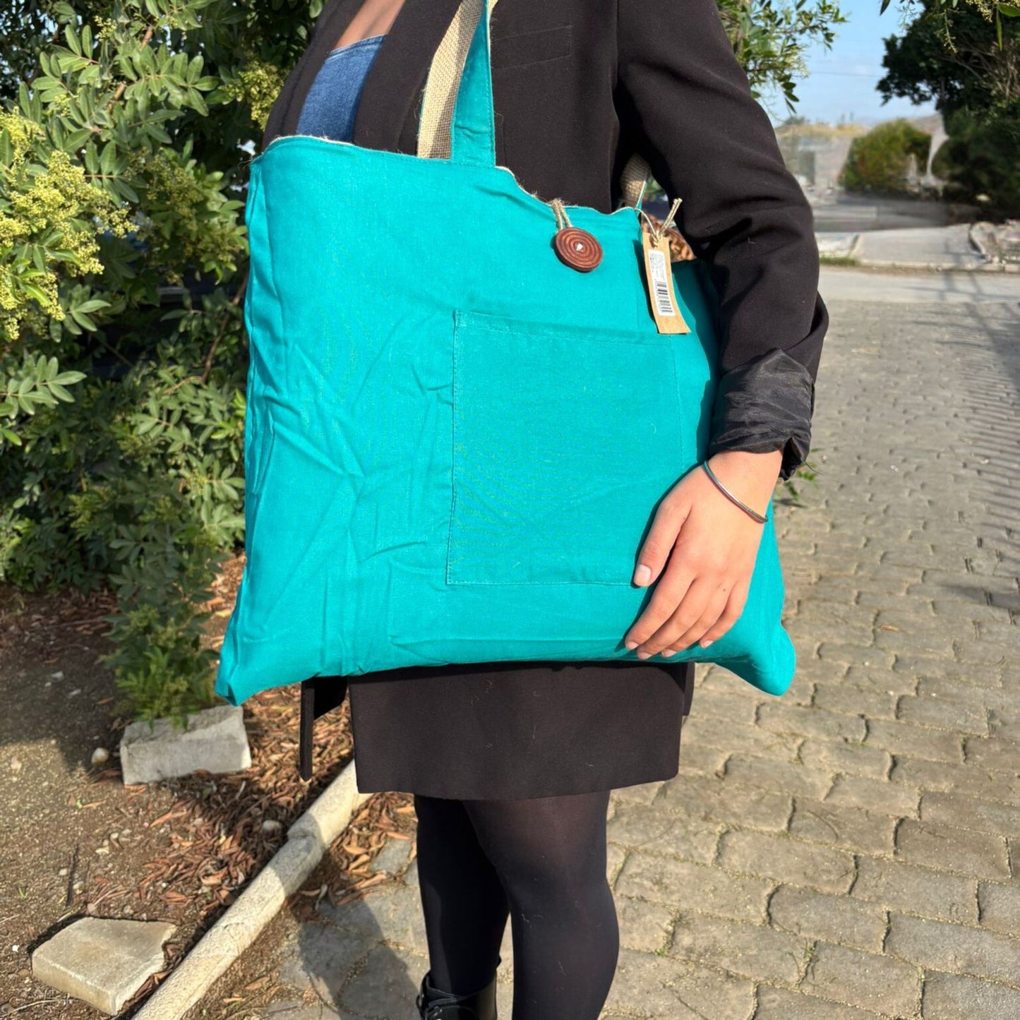 Reversible Big Bag - Jute and Cotton - Teal