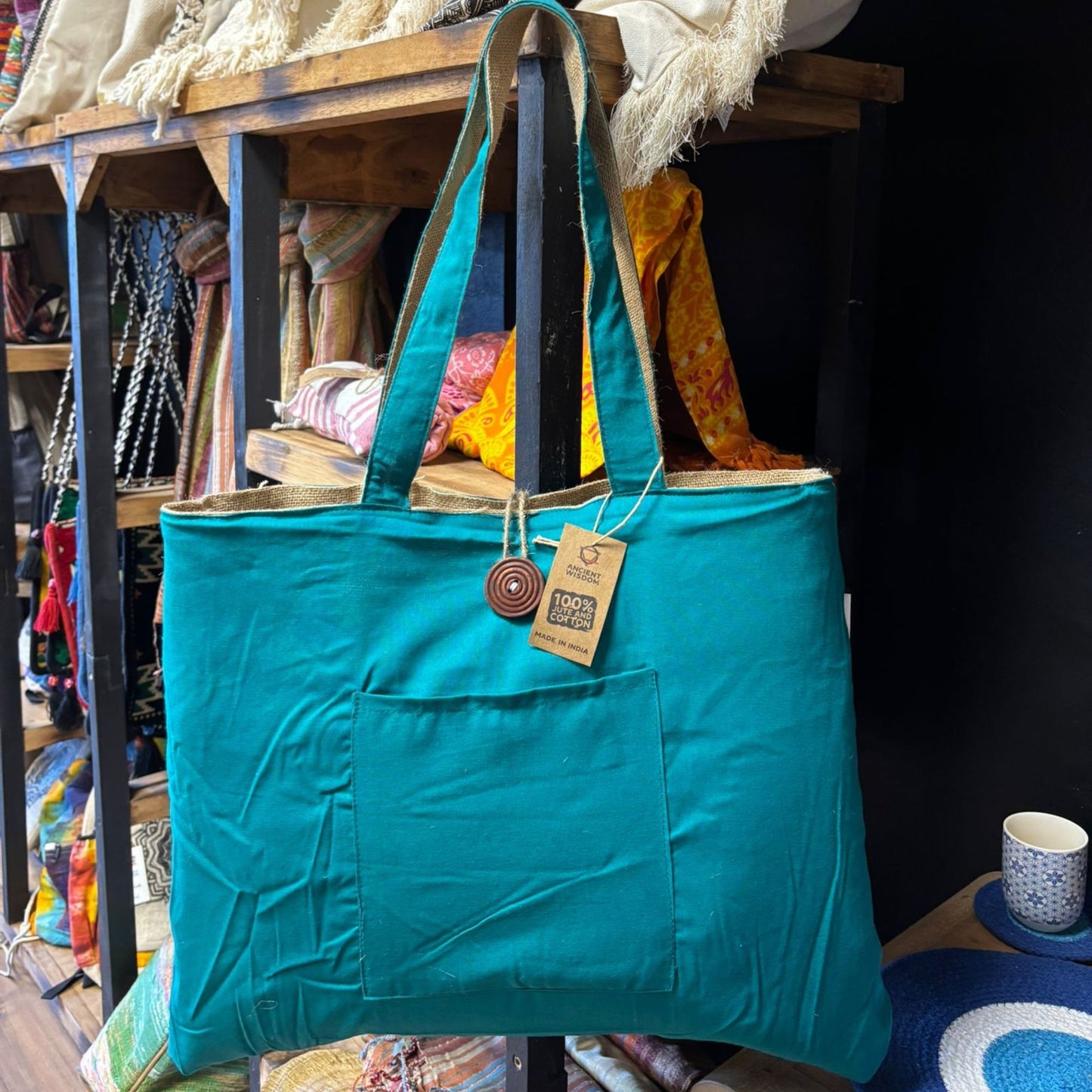 Reversible Big Bag - Jute and Cotton - Teal