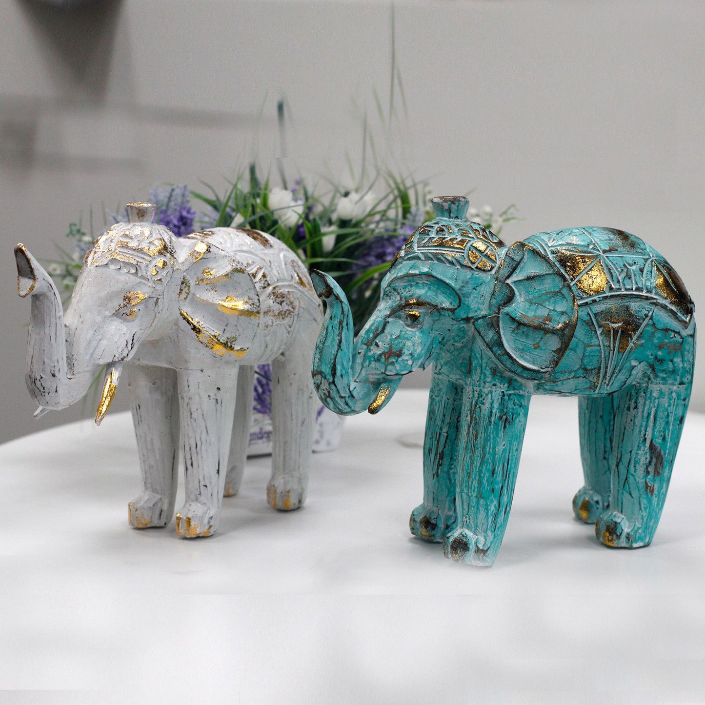Wooden Elephant - Hand Carved - Turquoise Gold - 27cm