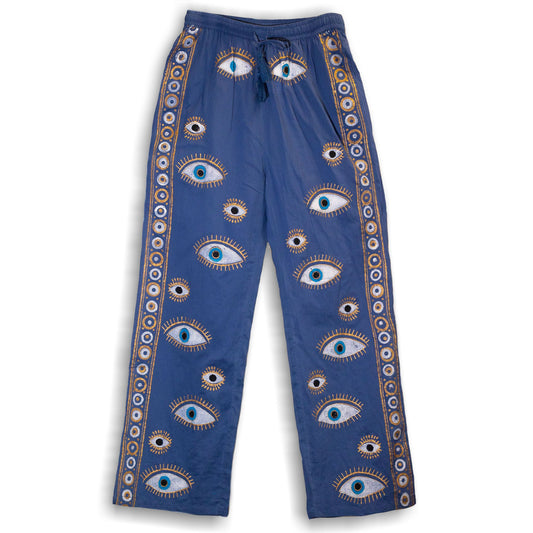 Nomad Sari - Lounge Pants - Handpainted Evil Eyes - Blue and Gold - M-L