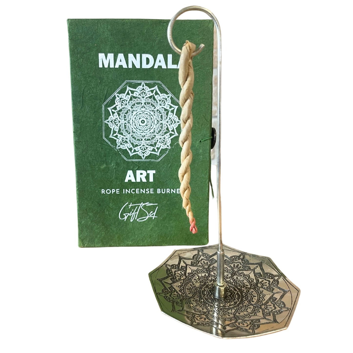 Rope Incense and Silver Plated Holder Set - Mandala Flower Design
