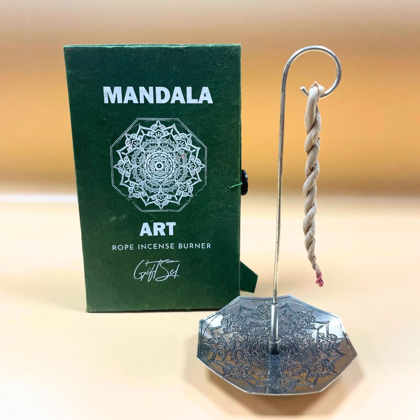 Rope Incense and Silver Plated Holder Set - Mandala Flower Design