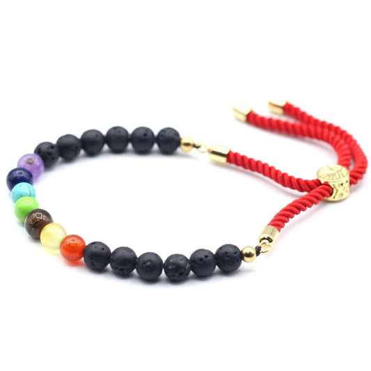 Red String Bracelet - Seven Chakra Gemstones and Gold Sliding Toggle