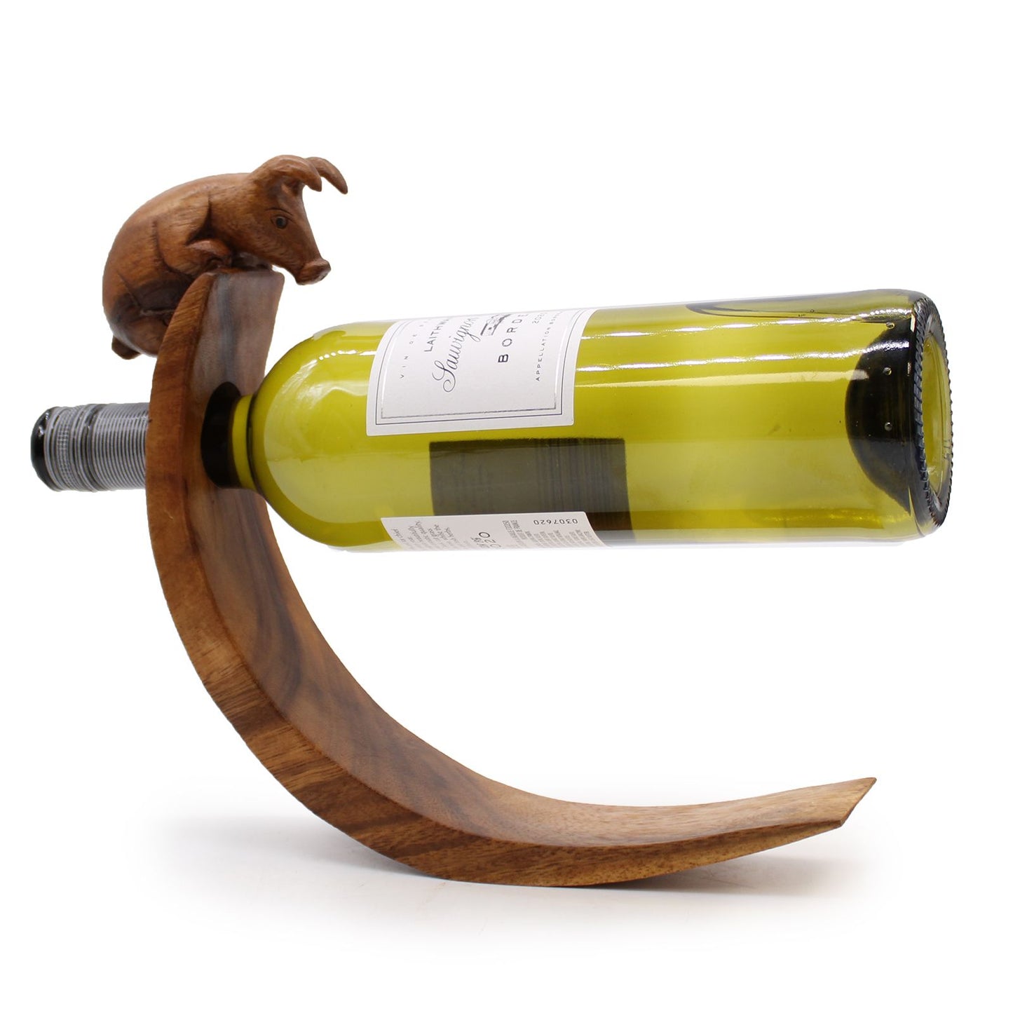 Balance Wine Bottle Holder - Handcarved Wood - Pig Design