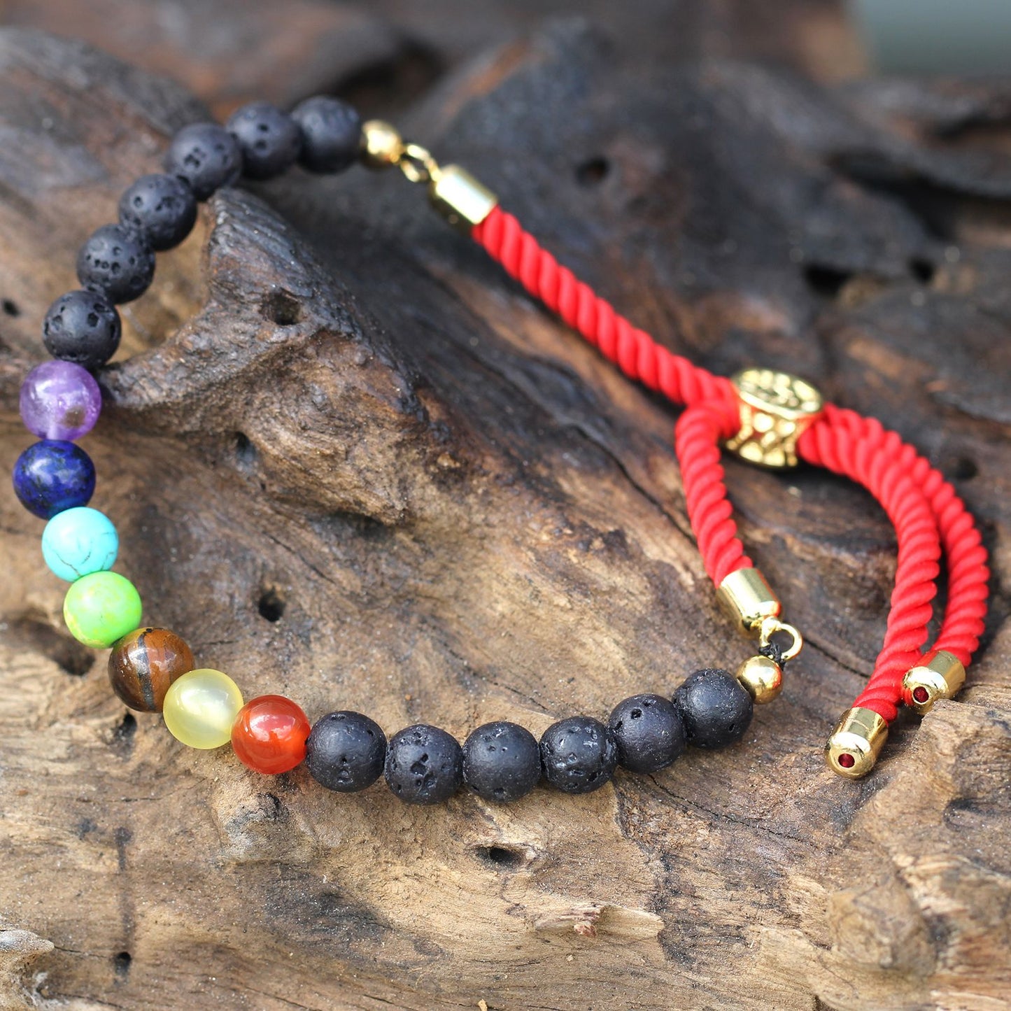 Red String Bracelet - Seven Chakra Gemstones and Gold Sliding Toggle