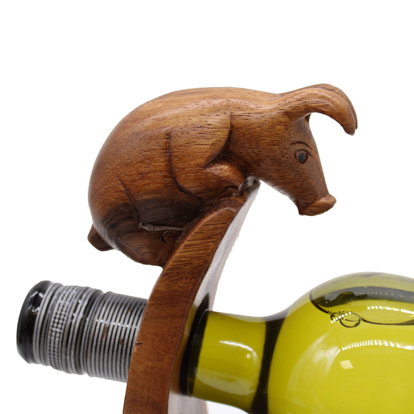 Balance Wine Bottle Holder - Handcarved Wood - Pig Design