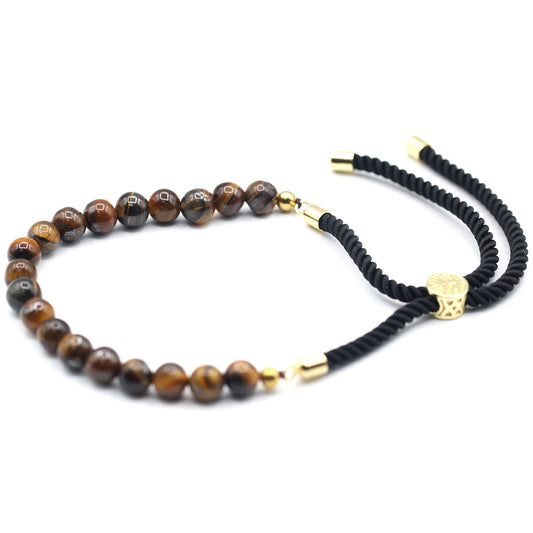 Black String Bracelet - Tigers Eye Gemstones and Gold Sliding Toggle