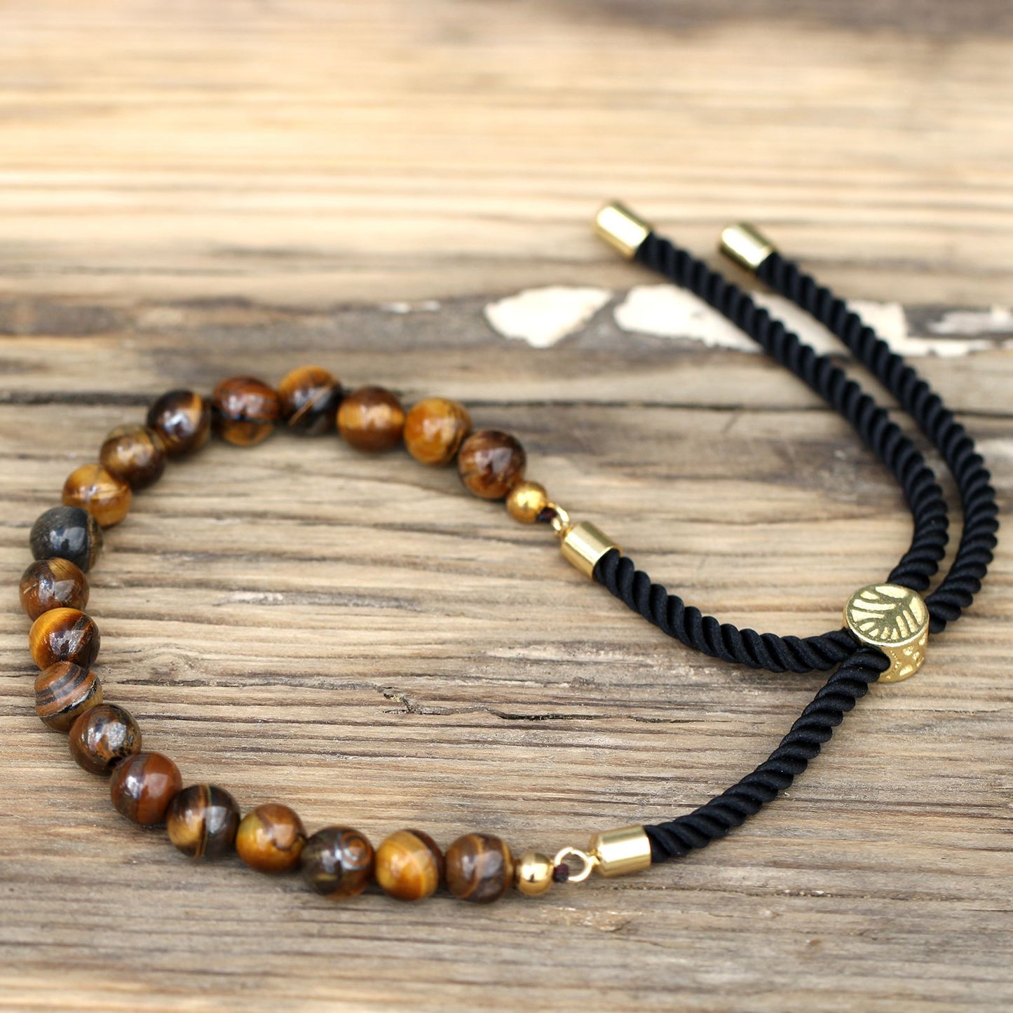 Black String Bracelet - Tigers Eye Gemstones and Gold Sliding Toggle