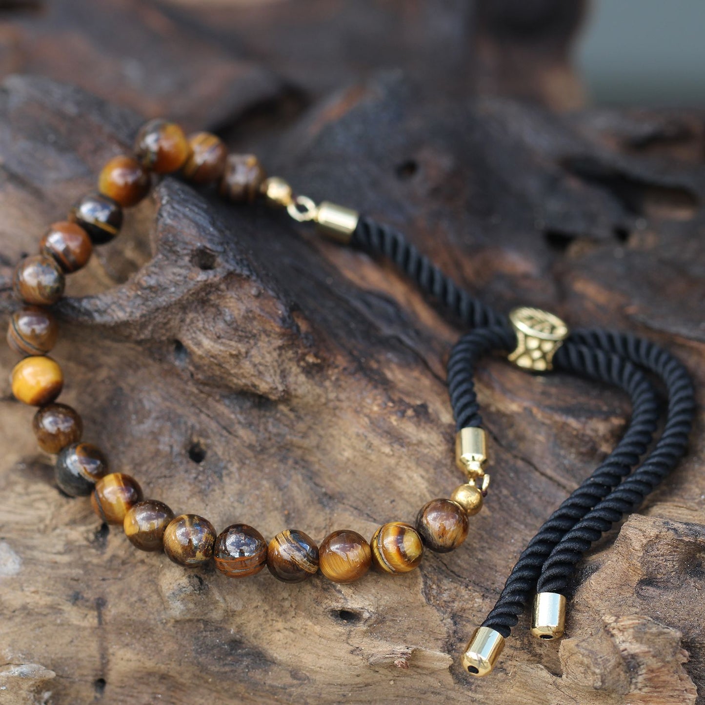 Black String Bracelet - Tigers Eye Gemstones and Gold Sliding Toggle