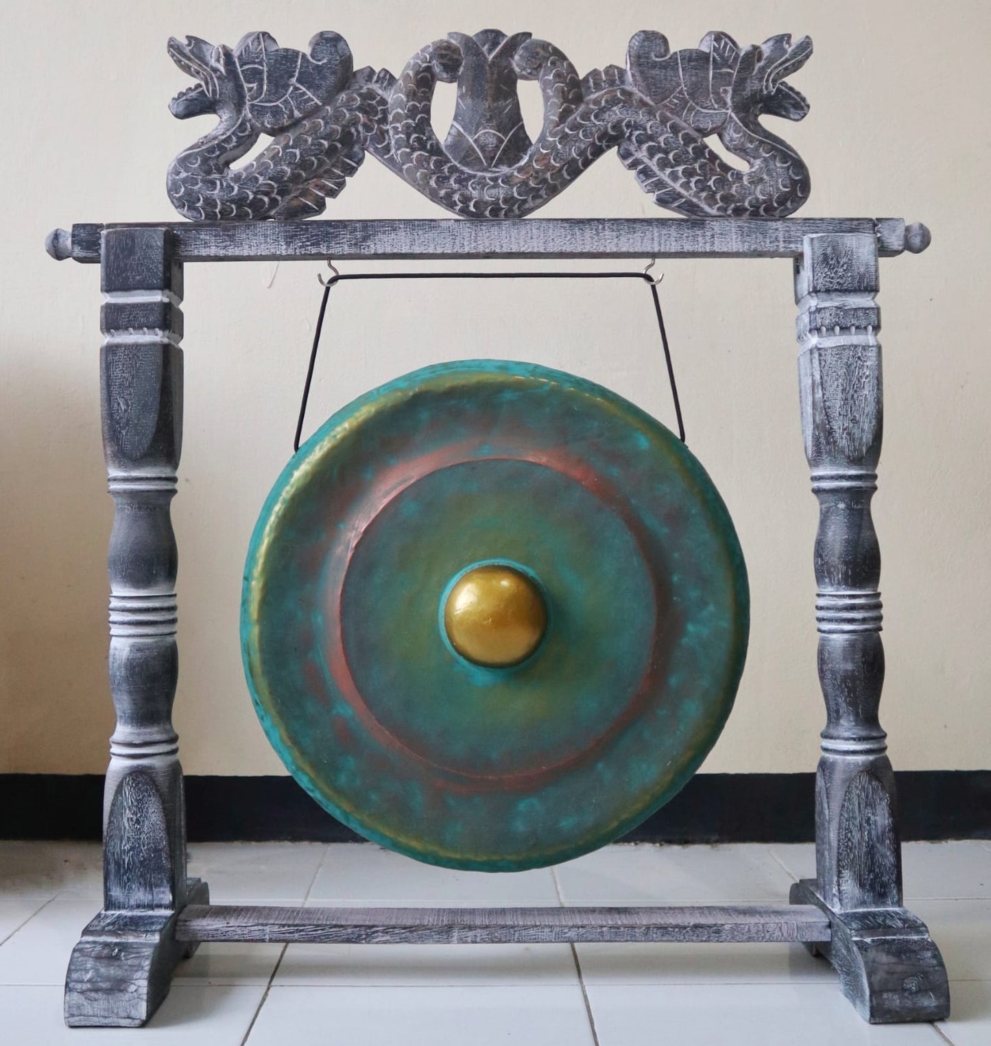 Sound Healing Gong Antique Green - Medium 35cm - Carved Albasia Wood Stand