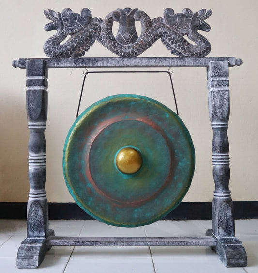 Sound Healing Gong Antique Green - Medium 35cm - Carved Albasia Wood Stand
